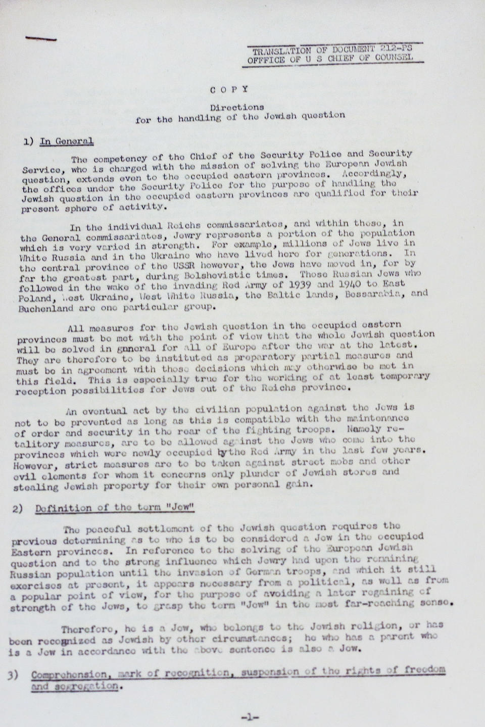 A copy of a translated document from the Nuremberg Trials titled 'Directions for the handling of the Jewish question' is on display in Berlin, Wednesday, Jan. 22, 2014. A collection of documents used by prosecutors at the Nuremberg Trials to help convict top Nazis is being put on public display in Berlin ahead of its auction in Israel. The Berlin Jewish Education Center says the documents going on display Wednesday were discovered by a collector at a flea market in Israel a half year ago and are to be auctioned Jan. 29. Many are English translations of Nazi documents used by prosecutors in their cases against Nazis like Hermann Goering and Rudolf Hess, who were convicted at the international tribunal after the war. (AP Photo/Markus Schreiber)