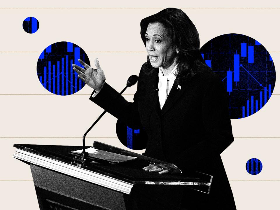 Kamala Harris collage with stock market imagery