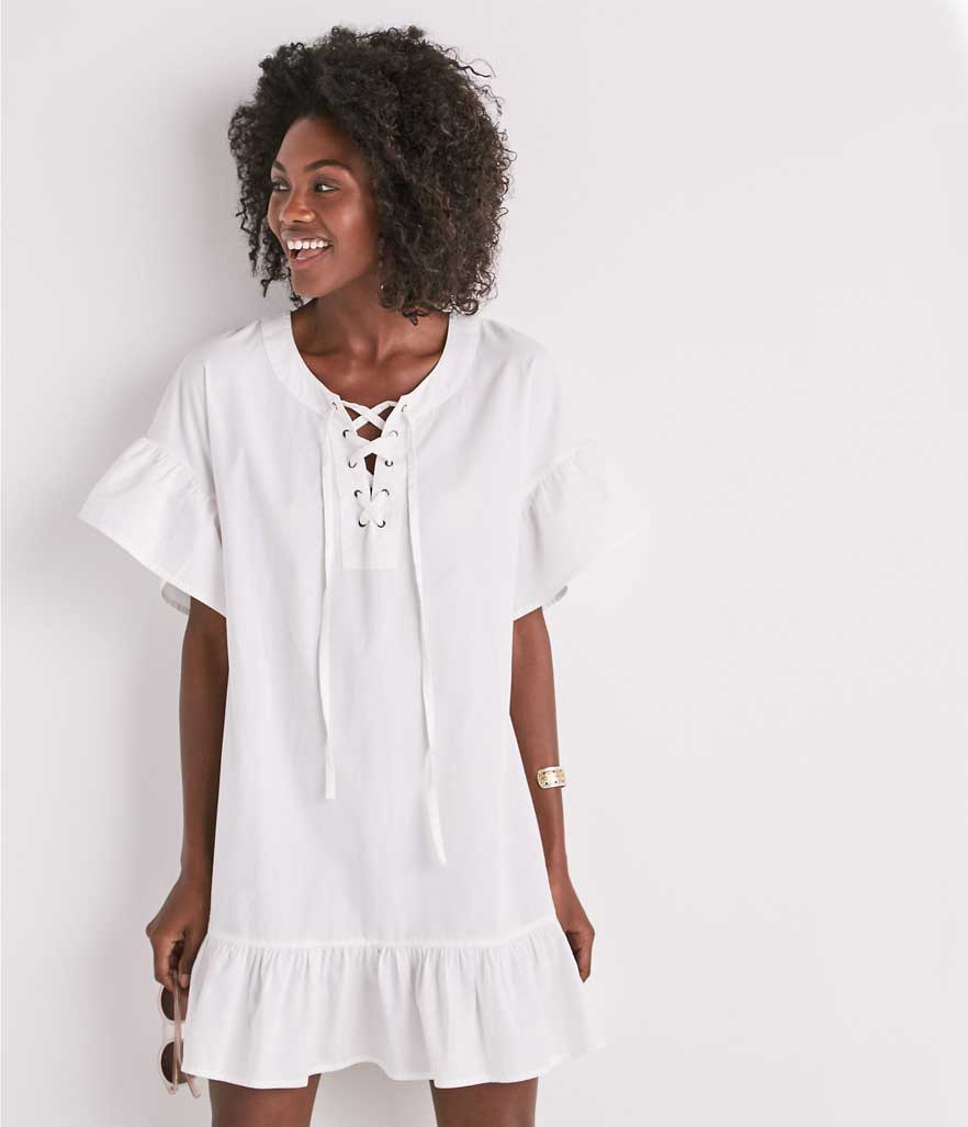Casual and comfortable lace up dress with peplum hem. (Photo: Lucky Brand)