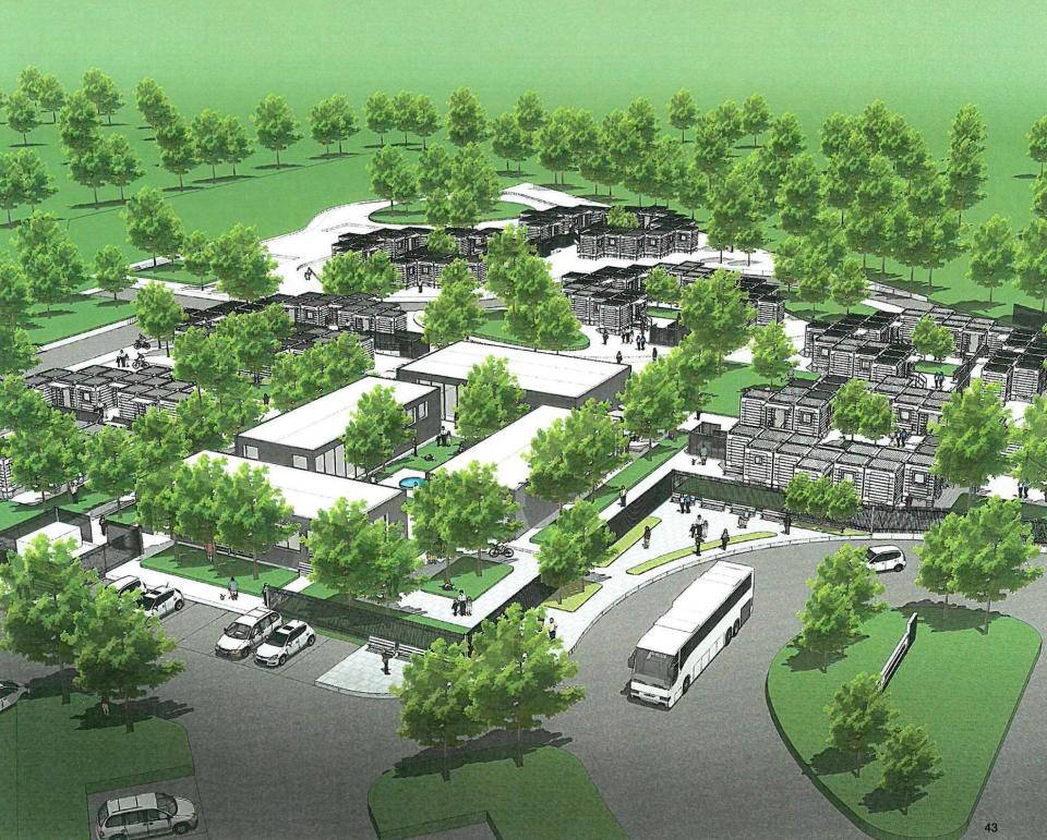 A bird's eye view of the Victorville Wellness and Recuperative Care Center, a 170-bed interim housing facility proposed to be built near Eva Dell Park.