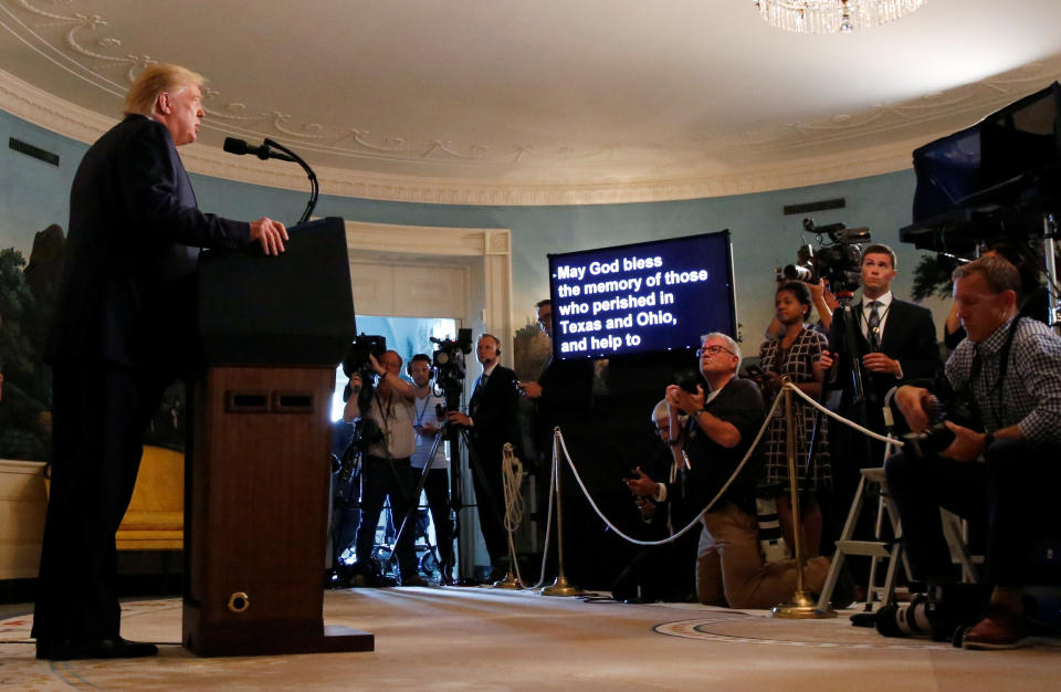 President Trump makes a statement to the news media about the recent mass shootings in El Paso, Texas, and Dayton, Ohio, that happened over the weekend from the White House in Washington, D.C., on Monday. (Leah Millis/Reuters)