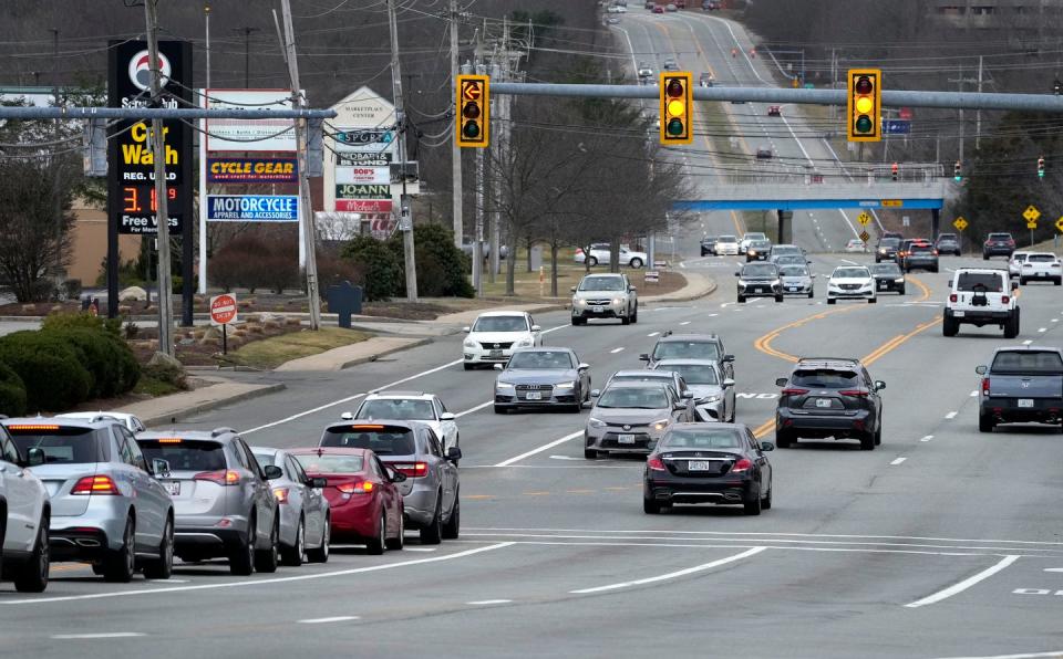 The multi-lane intersection of Route 2 and Universal Boulevard in Warwick on Monday.