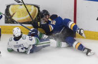 Vancouver Canucks' Quinn Hughes (43) and St. Louis Blues' Zach Sanford (12) battle for the puck during the second period in Game 1 of an NHL hockey Stanley Cup first-round playoff series, Wednesday, Aug. 12, 2020, in Edmonton, Alberta. (Jason Franson/The Canadian Press via AP)