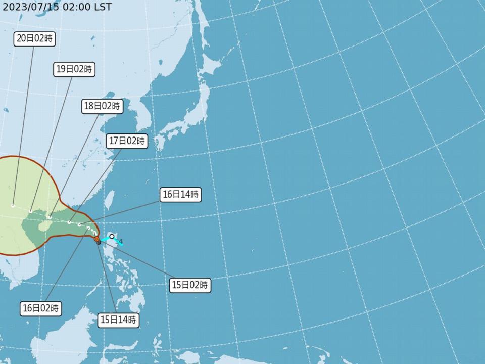 南海上的熱帶低壓預估最快今天就有可能增強為第４號颱風泰利。（圖：中央氣象局官網）