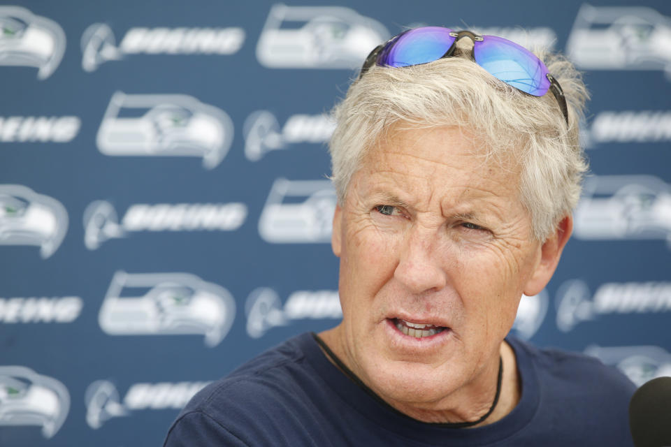 Jun 11, 2019; Renton, WA, USA; Seattle Seahawks head coach Pete Carroll answers questions during a press conference following a minicamp practice at the Virginia Mason Athletic Center. Mandatory Credit: Joe Nicholson-USA TODAY Sports