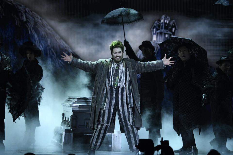 Alex Brightman and the cast of the musical "Beetlejuice" perform during the 73rd Annual Tony Awards ceremony at Radio City Music Hall.