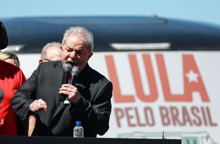 Former Brazilian President Luiz Inacio Lula da Silva speaks during a rally in Santana do Livramento, Rio Grande do Sul state, Brazil March 19, 2018. Picture taken March 19, 2018. REUTERS/Diego Vara
