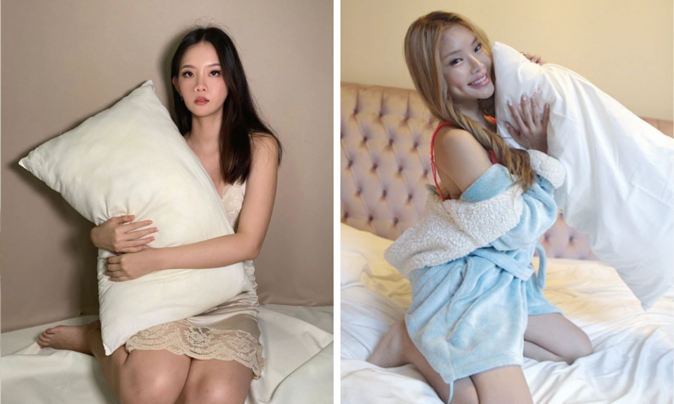 <p>進入名叫 The Sleeping Beauties 的官網，一行大字寫著「網紅枕頭專賣」，在型錄中也放上各個新加坡網紅與枕頭的合影，包括他們抱著枕頭、躺在枕頭上的照片。（圖／翻攝自官網）</p>
