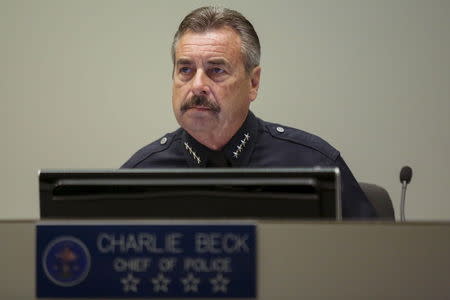 LAPD Police Chief Charlie Beck listens as people speak about the death of Ezell Ford during a meeting of the Los Angeles Police Commission in Los Angeles, California June 9, 2015. REUTERS/Patrick T. Fallon