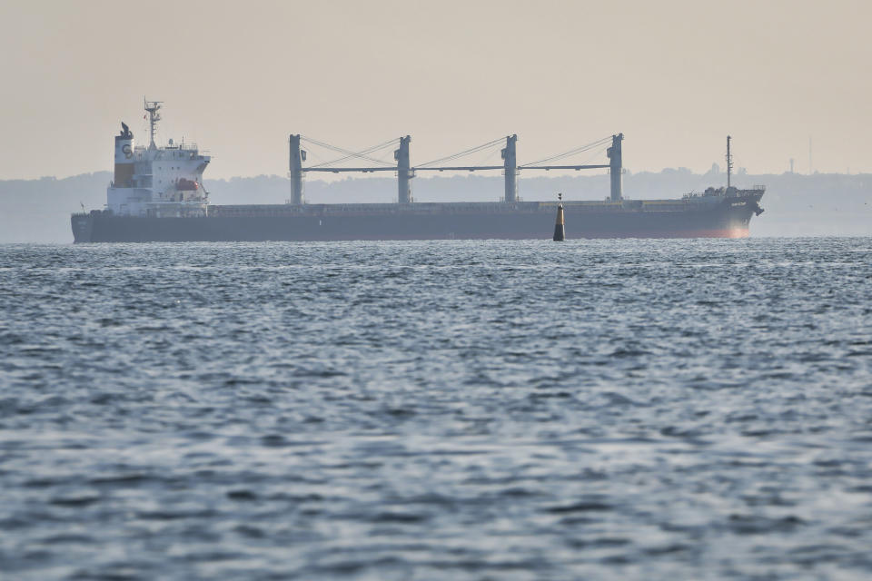 The ship Navi-Star carrying a load of corn sails from the port in Odesa, Ukraine, Friday, Aug. 5, 2022. Ukraine is a major global grain supplier but the war had blocked most exports, so the July 22 deal aimed to ease food security around the globe. World food prices have been soaring in a crisis blamed on the war, supply chain problems and COVID-19. (AP Photo/Nina Lyashonok)