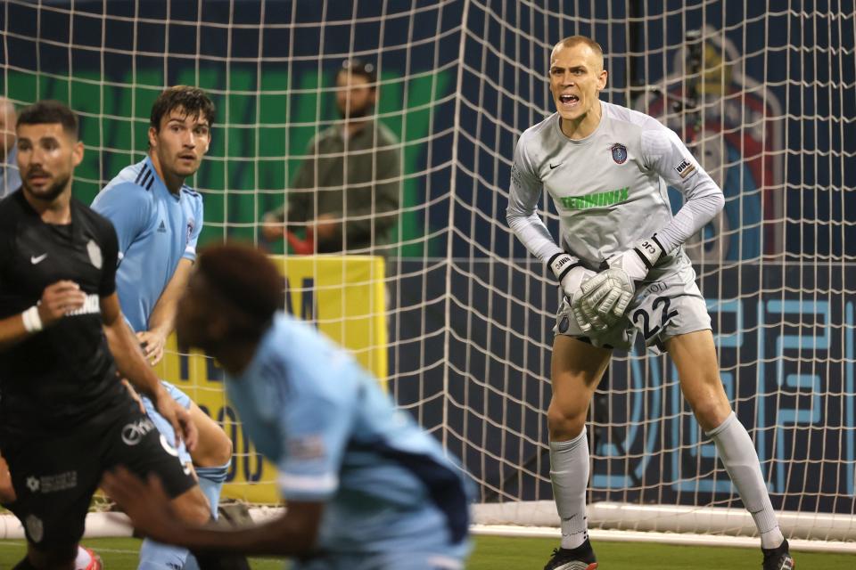 Memphis 901 FC goalkeeper Cody Cropper defends his goal during an offensive possession by Sporting Kansas City II during their match at AutoZone Park on Wednesday, Oct. 6, 2021.