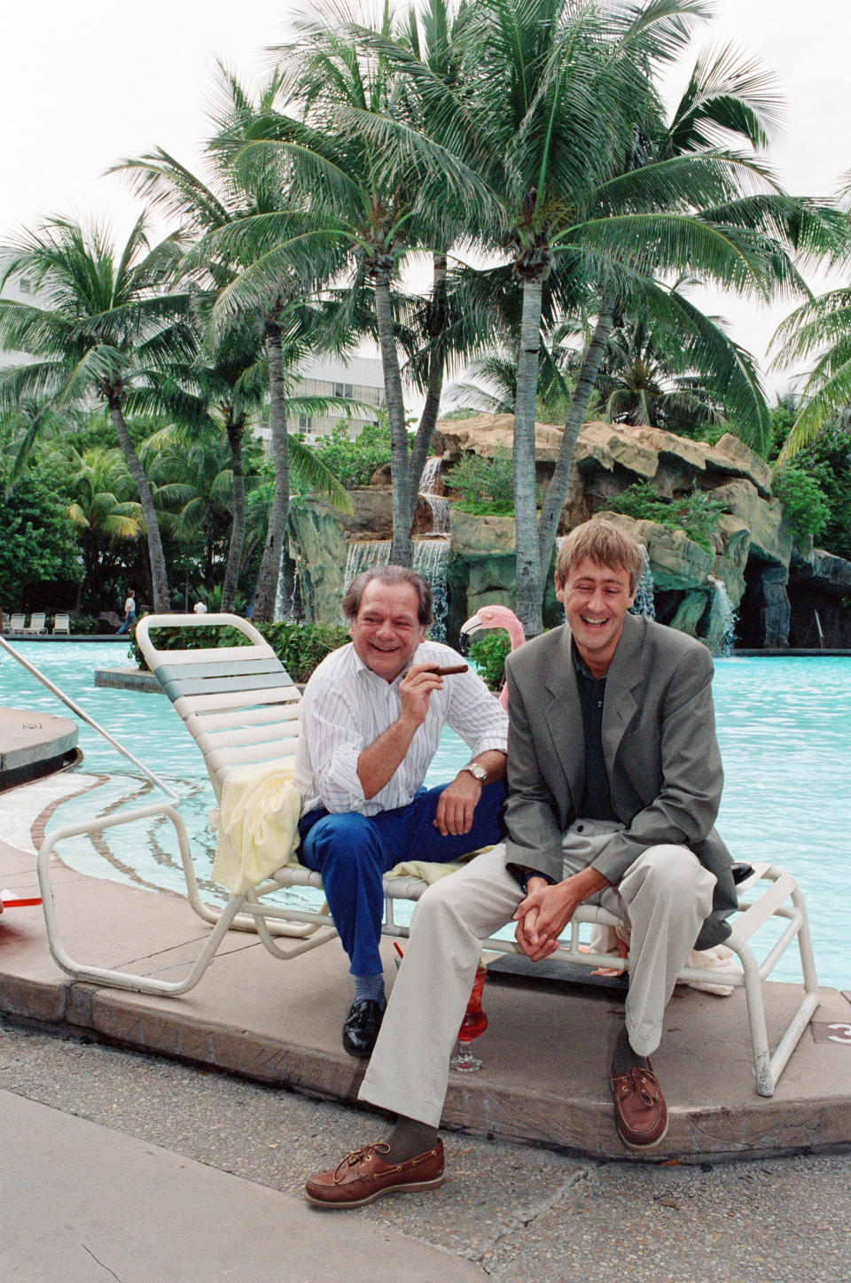 David Jason and Nicholas Lyndhurst on location in America filming the 'Miami Twice' episode of 'Only Fools and Horses', 19th November 1991. (Photo by Arnold Slater/Mirrorpix/Getty Images)