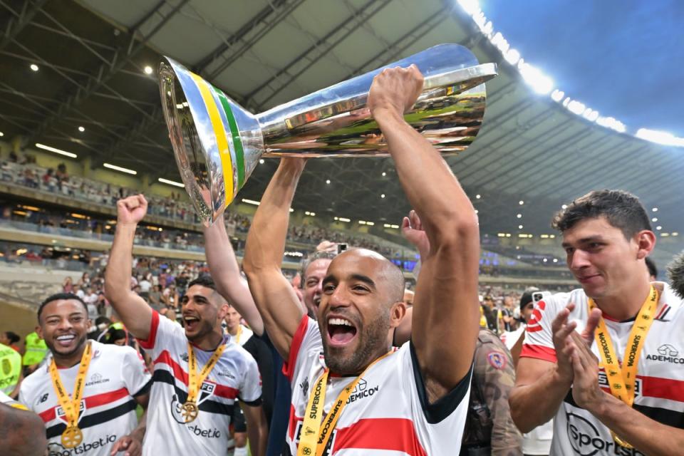 Lucas Moura celebrates Sao Paulo’s Supercopa win over Palmeiras last month (Getty Images)