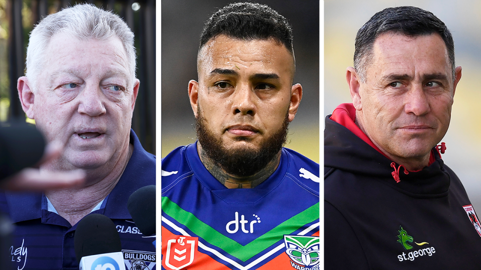 Phil Gould talks, Addin Fonua-Blake reacts and Shane Flanagan smiles.