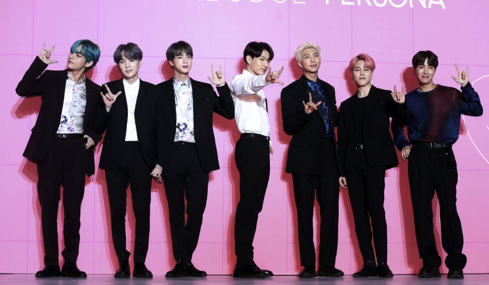 FILE - Members of South Korean K-Pop group BTS appear during a press conference in Seoul, South Korea, on April 17, 2019. “Dynamite,” the group’s first all-English song, debuted at No. 1 on the U.S. music charts this week, making BTS first Korean pop act to top the chart. (Jo Soo-jung/Newsis via AP, File)