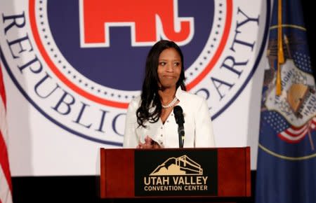 U.S. Representative Mia Love (R-UT) speaks at the Utah County Republican Party Lincoln Day Dinner, in Provo, Utah, U.S. February 16, 2018.  REUTERS/Jim Urquhart/File Photo