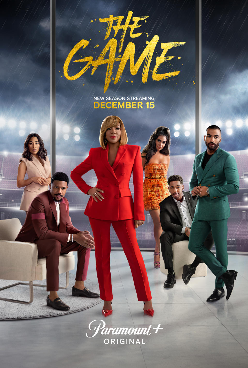 (L-R): Adriyan Rae as Brittany Pitts, Hosea Chanchez as Malik Wright, <a href="https://www.vibe.com/t/wendy-raquel-robinson/" rel="nofollow noopener" target="_blank" data-ylk="slk:Wendy Raquel Robinson;elm:context_link;itc:0;sec:content-canvas" class="link ">Wendy Raquel Robinson</a> as Tasha Mack, Analisa Velez as Raquel Navarro, Vaughn Hebron as Jamison Field, and Toby Sanderman as Garrett Odongo in ‘THE GAME’ season 2 streaming on Paramount+.