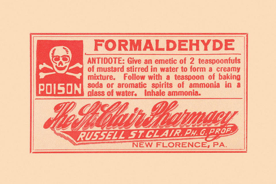 An old pharmacy poison notice about a formaldehyde antidote