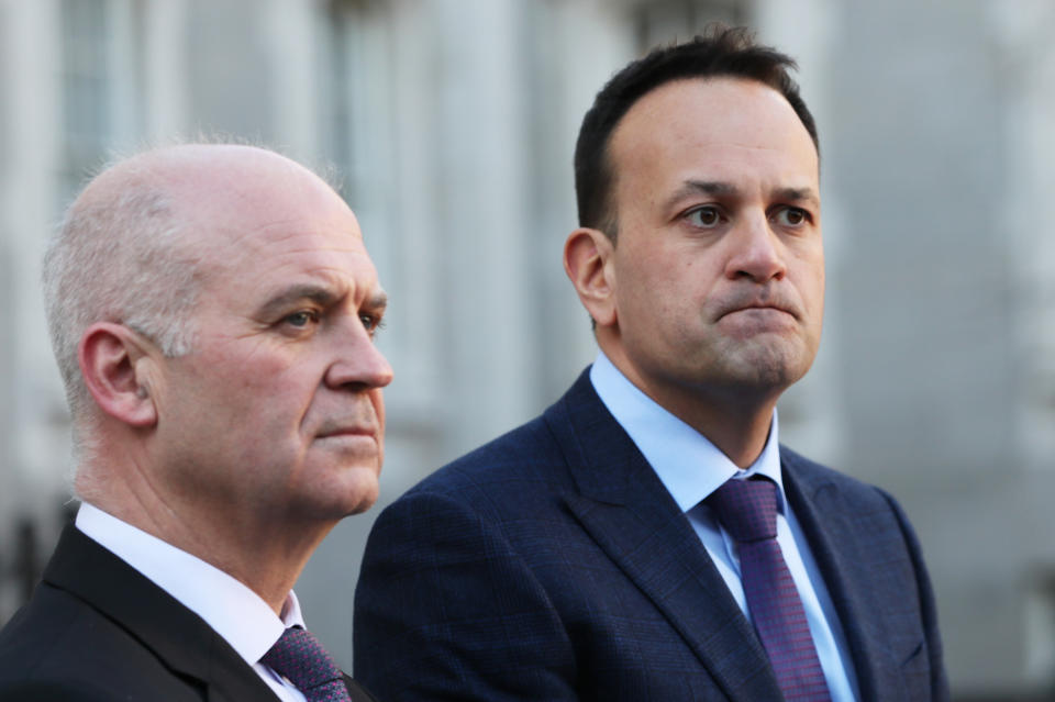 Irish Taoiseach Leo Varadkar (right), alongside Chief Medical Officer Dr Tony Holohan, at Government Buildings in Dublin, where he said that mass public gatherings such as St Patrick's Day parades will not be cancelled amid the spread of Covid-19.