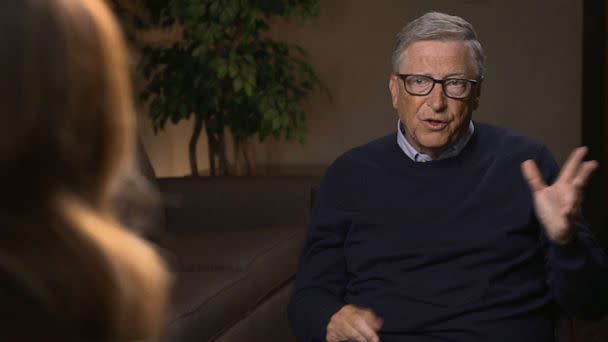 PHOTO: TerraPower founder and Microsoft co-founder Bill Gates talks to ABC's Rebecca Jarvis about the future of nuclear energy, during a visit the site of a new TerraPower nuclear plant near Kemmerer, Wyoming, May 5, 2023. (ABC News)