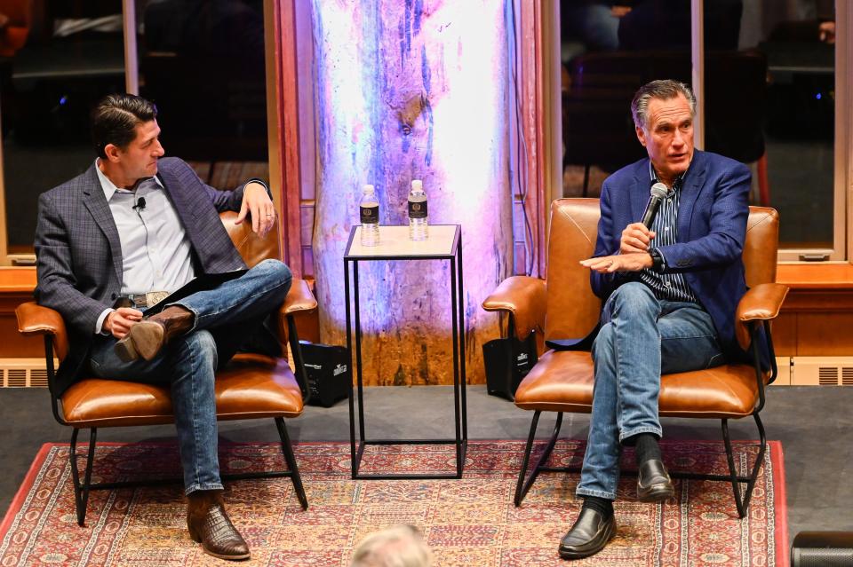 Former Speaker of the House Paul Ryan, R-Wis., left, speaks with Sen. Mitt Romney, R-Utah, during the E2 Summit at Stein Eriksen Lodge on Tuesday, Oct. 10, 2023, in Park City. | Alex Goodlett, for the Deseret News