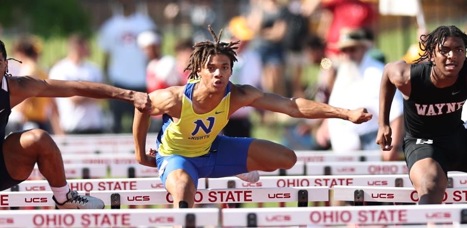 Northwest junior Malachi Snow competes in the 110 hurdles at the OHSAA state track meet at Jesse Owens Memorial Stadium, Friday, June 3, 2022.