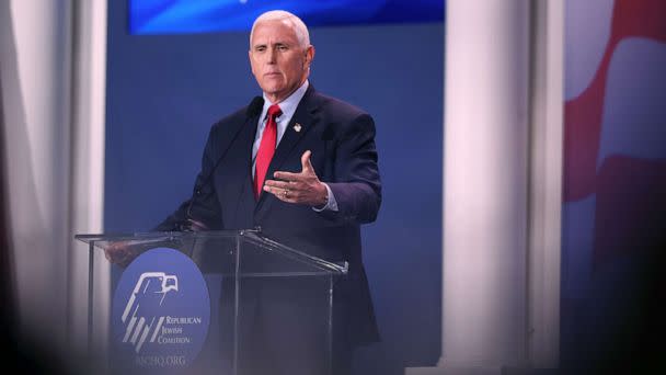 PHOTO: Former Vice President Mike Pence speaks to guests at the Republican Jewish Coalition Annual Leadership Meeting, Nov. 18, 2022, in Las Vegas. (Scott Olson/Getty Images)