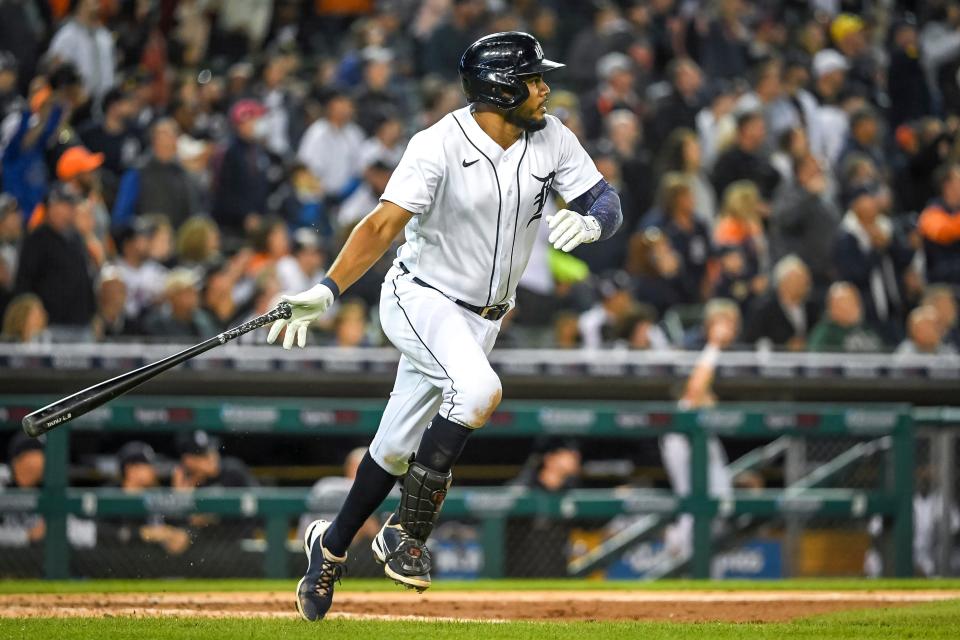 Jeimer Candelario of the Detroit Tigers doubles on a line drive to Edward Olivares of the Kansas City Royals during the bottom of the sixth inning at Comerica Park on Sept. 25, 2021 in Detroit.