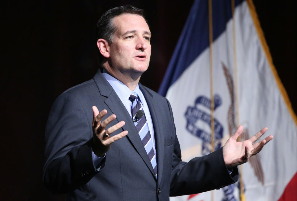 Sen. Ted Cruz, R-Texas, speaks during the Iowa Faith and Freedom Coalition fall fundraiser on Saturday, Sept. 27, 2014, in Des Moines, Iowa. (AP Photo/Justin Hayworth)