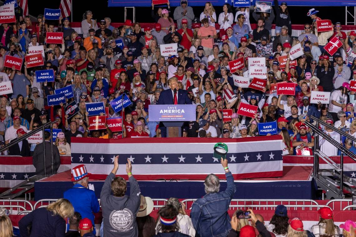 Former president Donald Trump speaks during a rally at Wilmington International Airport Friday, Sept. 23, 2023.