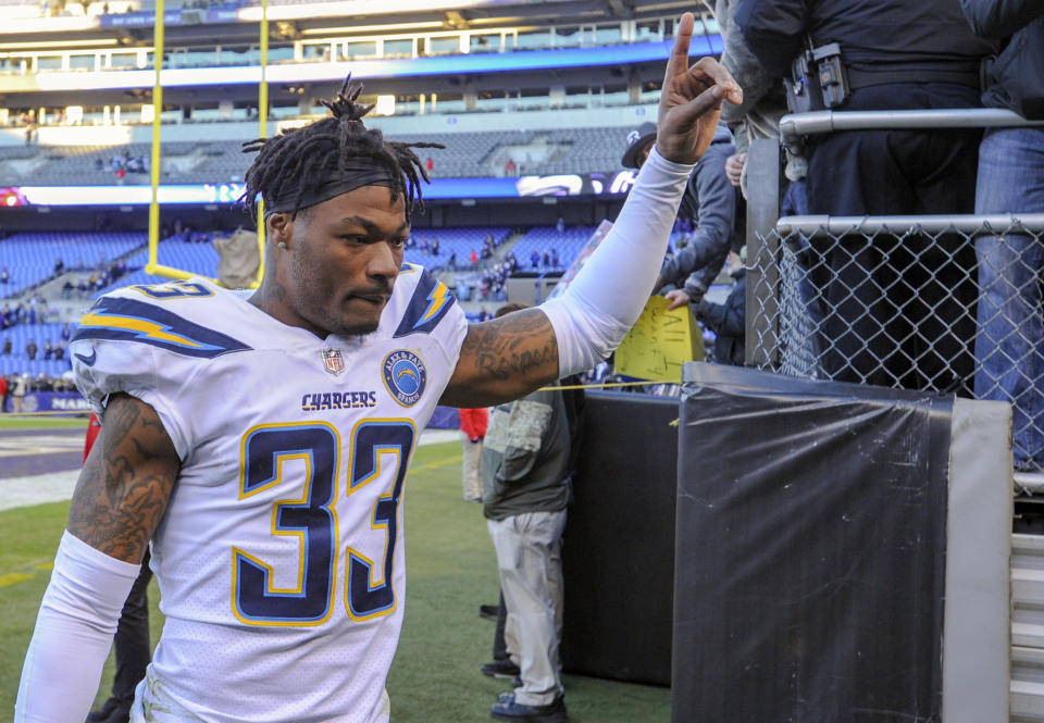 BALTIMORE, MD - JANUARY 06: Los Angeles Chargers free safety Derwin James (33) walks off the field following the game against the Baltimore Ravens on January 6, 2019, at M&T Bank Stadium in Baltimore, MD.  (Photo by Mark Goldman/Icon Sportswire via Getty Images)