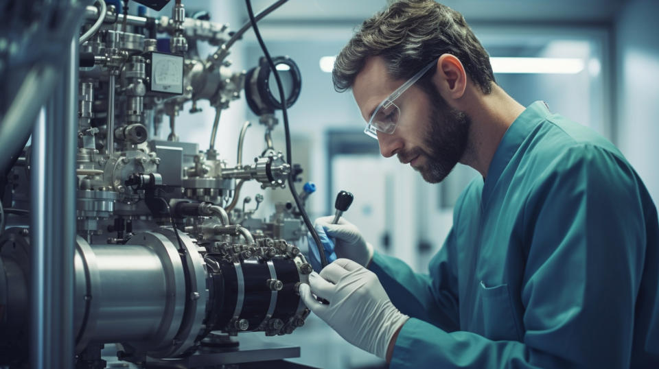 A worker in a laboratory coat checking a Positive Displacement Pump.