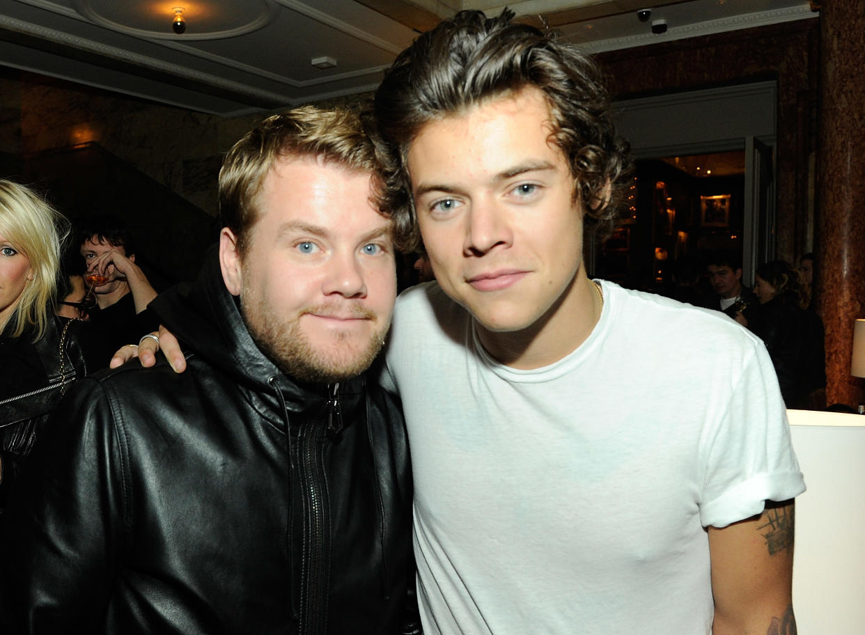 LONDON, ENGLAND - SEPTEMBER 14:  (L-R) James Corden and Harry Styles attend The London Edition opening celebrating the September issue of W Magazine at The London Edition Hotel on September 14, 2013 in London, England.  (Photo by David M. Benett/Getty Images for The London Edition)