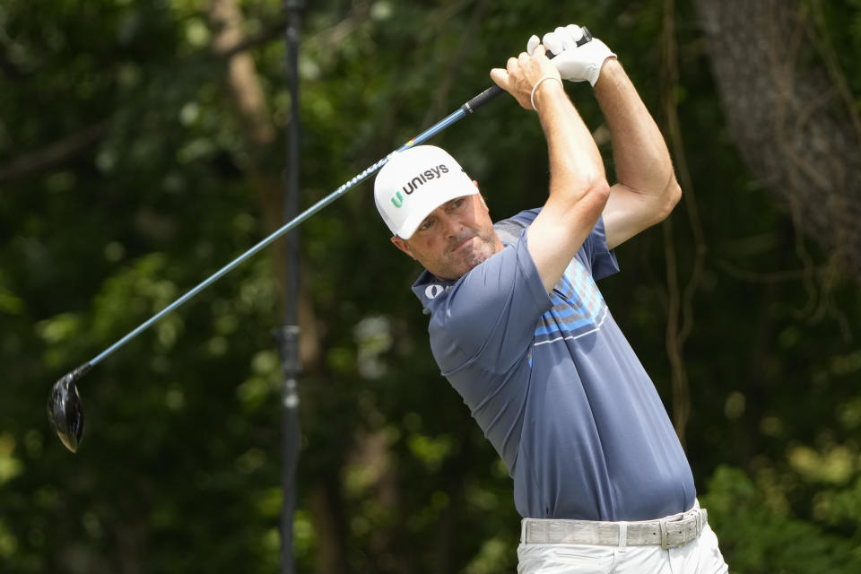 Ryan Palmer plays his shot from the sixth tee during the second round of the Charles Schwab Challenge golf tournament. Mandatory Credit: Jim Cowsert-USA TODAY Sports