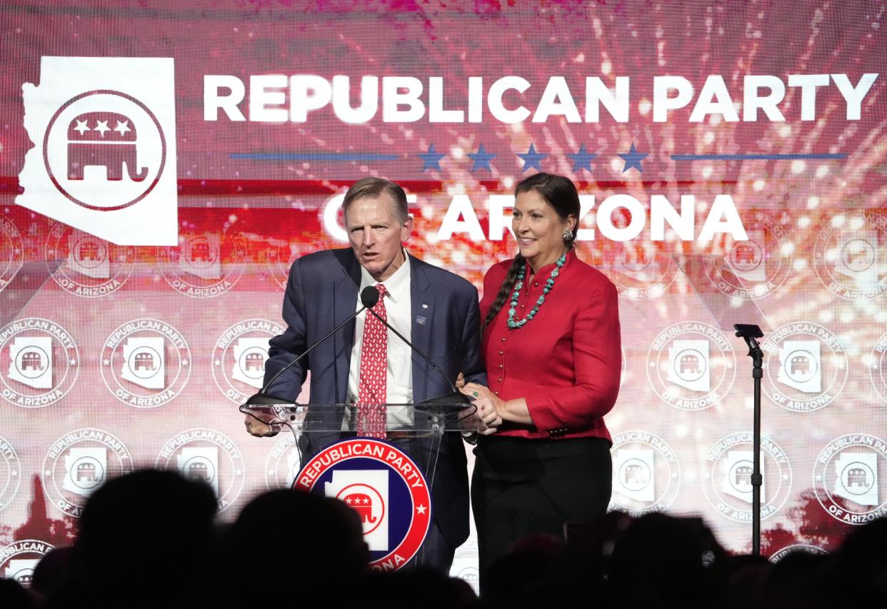 U.S. Rep. Paul Gosar, R-Ariz., along with his wife Maude, speaks during an Arizona Republican election night gathering at Scottsdale Resort at McCormick Ranch on Nov. 8, 2022.