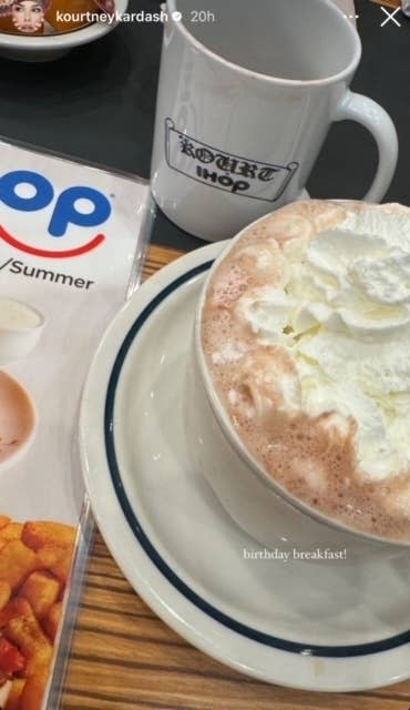 A cup with a 'Kourtney Kardashian' print, hefty whipped cream on a drink, and an IHOP summer menu