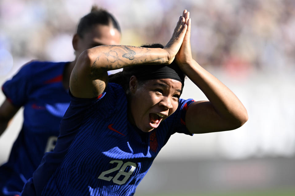 United States forward Mia Fishel (28) celebrates after scoring against the Colombia during the second half of an international friendly soccer match Sunday, Oct. 29, 2023, in San Diego. (AP Photo/Alex Gallardo)