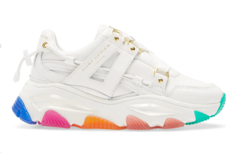 kurt geiger london rainbow sneaker, mindy kaling rainbow sneaker, white chunky rainbow sneaker