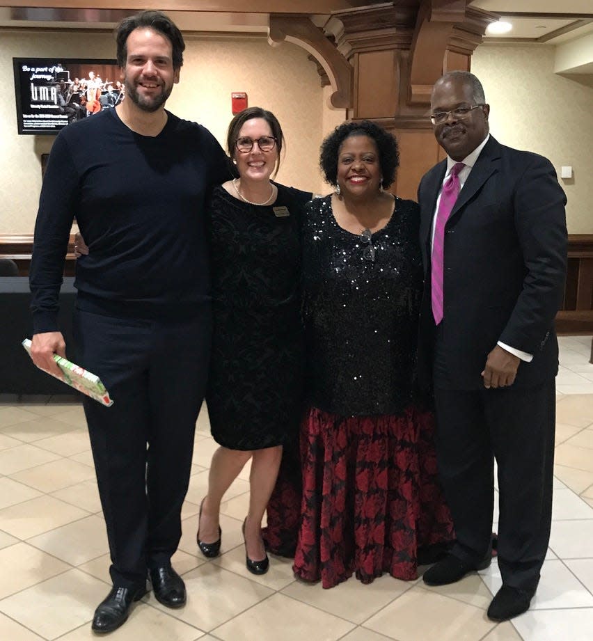 Tallahassee Symphony Orchestra conductor Darko Butorac and CEO Amanda Stringer with singer Carmen Bradford and trumpeter Scotty Barnhart
