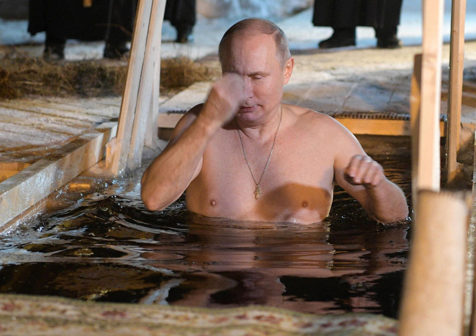 Putin crossed himself in the water (Alexei Druzhinin, Sputnik, Kremlin Pool Photo via AP)