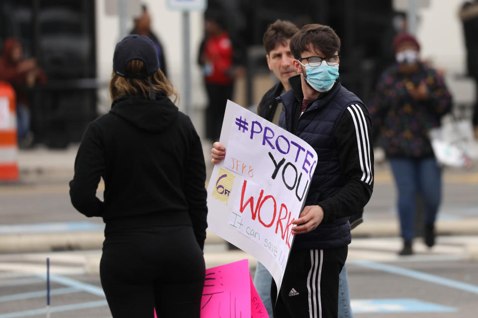 NEW YORK, NEW YORK - MARCH 30: Amazon employees hold a protest and walkout over conditions at the company's Staten Island distribution facility on March 30, 2020 in New York City. Workers at the facility, which has had numerous employees test positive for the coronavirus, want to call attention to what they say is a lack of protections for employees who continue to come to work amid the coronavirus outbreak. (Photo by Spencer Platt/Getty Images)