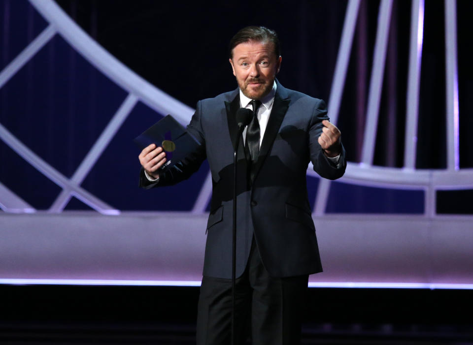 Actor/comedian Ricky Gervais speaks on stage during the 66th Annual Primetime Emmy Awards held at the Nokia Theater on August 25, 2014.  (Photo by Mark Davis/NBC/NBCUniversal via Getty Images)