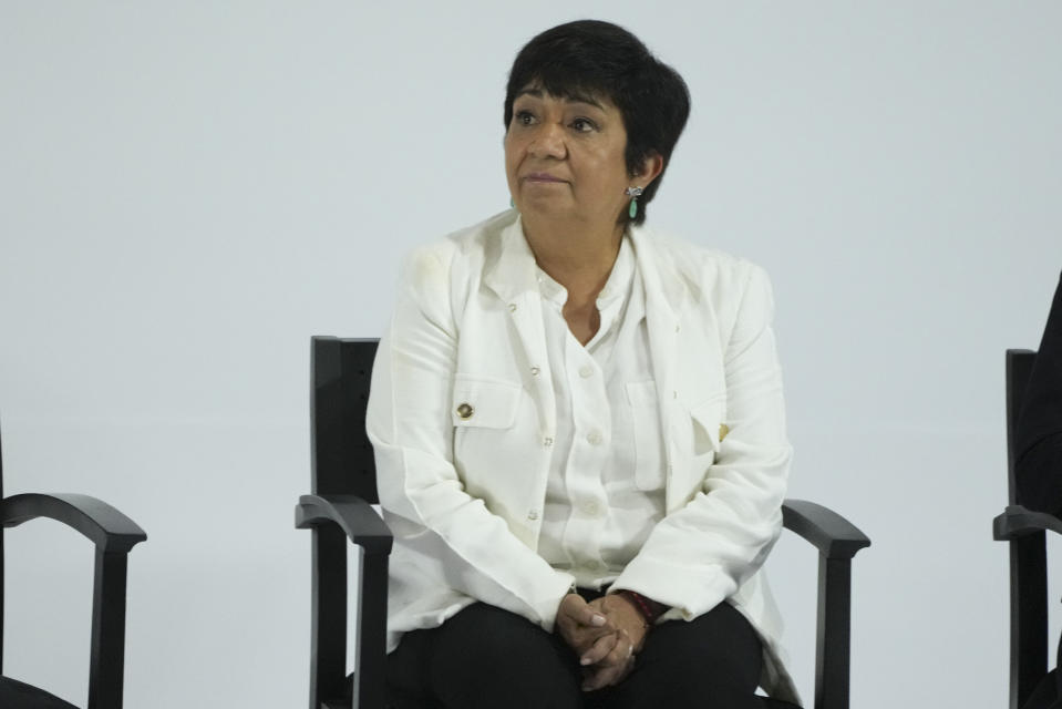 Edna Elena Vega Rangel looks on during her presentation as the Agriculture Secretary at a press conference where incoming President Claudia Sheinbaum announced another six members of her Cabinet, in Mexico City, Thursday, June 27, 2024. (AP Photo/Fernando Llano)