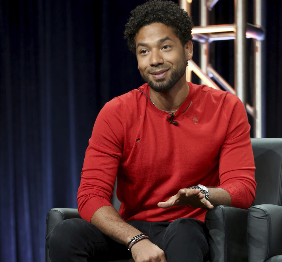 FILE - In this Aug. 8, 2017 file photo, Jussie Smollett participates in the "Empire" panel during the FOX Television Critics Association Summer Press Tour at the Beverly Hilton in Beverly Hills, Calif. Smollett, an actor on the TV series "Empire," is also an R&B musician who performed Saturday night, Feb. 2, 2019, at a concert in Los Angeles. Smollett, who is openly gay, says two masked men attacked him early Tuesday in Chicago in what police are investigating as a possible hate crime. (Photo by Willy Sanjuan/Invision/AP, File)