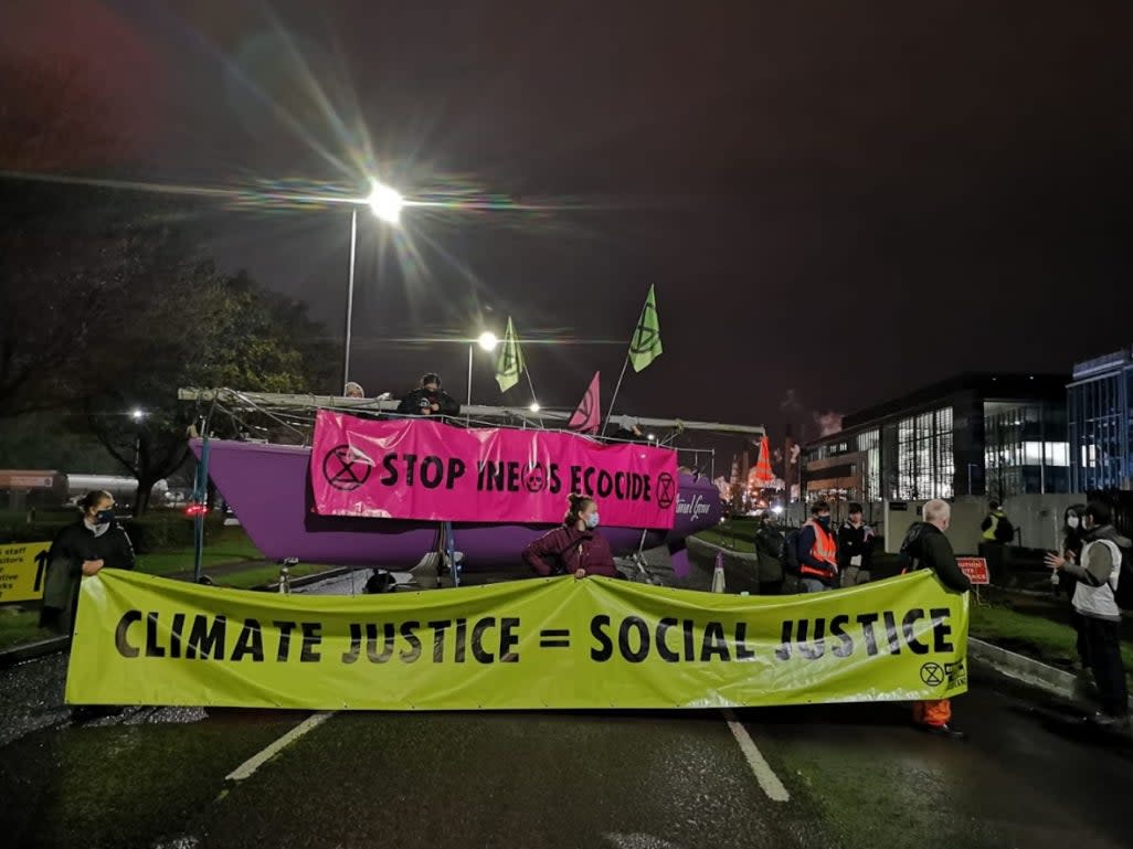 Extinction Rebellion activists protest with face masks and in groups of six or less at Ineos’s Grangemouth facility - home to Scotland’s only crude oil refinery (XR Scotland)