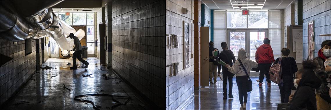 On the left, contractors work on repairing Princeville Elementary School in October 2016, after being damaged by floodwaters from Hurricane Matthew. On the right, the same hallway, photographed on Feb. 15.