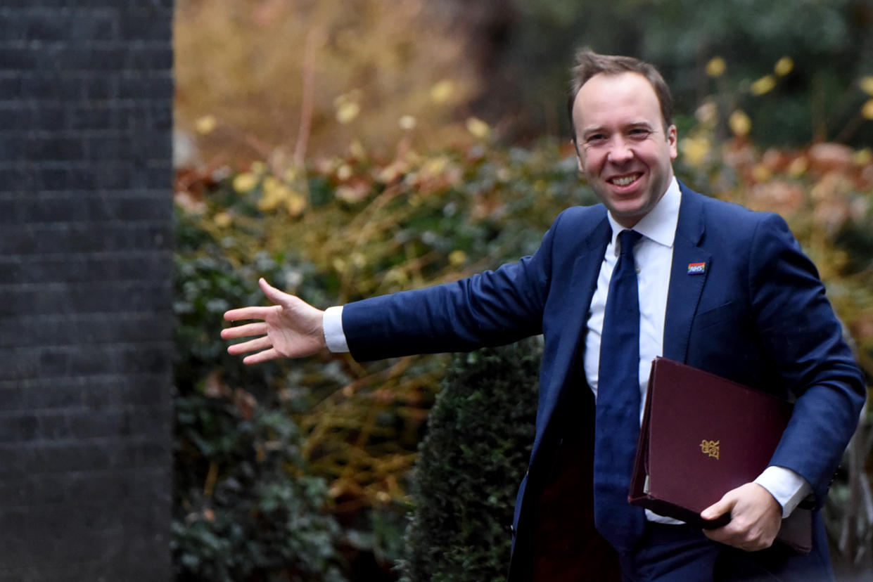 LONDON, UNITED KINGDOM - (ARCHIVE): A file photo dated on December 17, 2019 shows British Health Secretary Matt Hancock arriving at 10 Downing Street in London, United Kingdom. Matt Hancock tested positive for coronavirus (COVID-19). (Photo by Kate Green/Anadolu Agency via Getty Images)