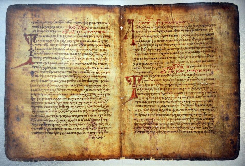 A page from The Archimedes Codex, in which the original text had been effaced and written over with prayers by a medieval monk