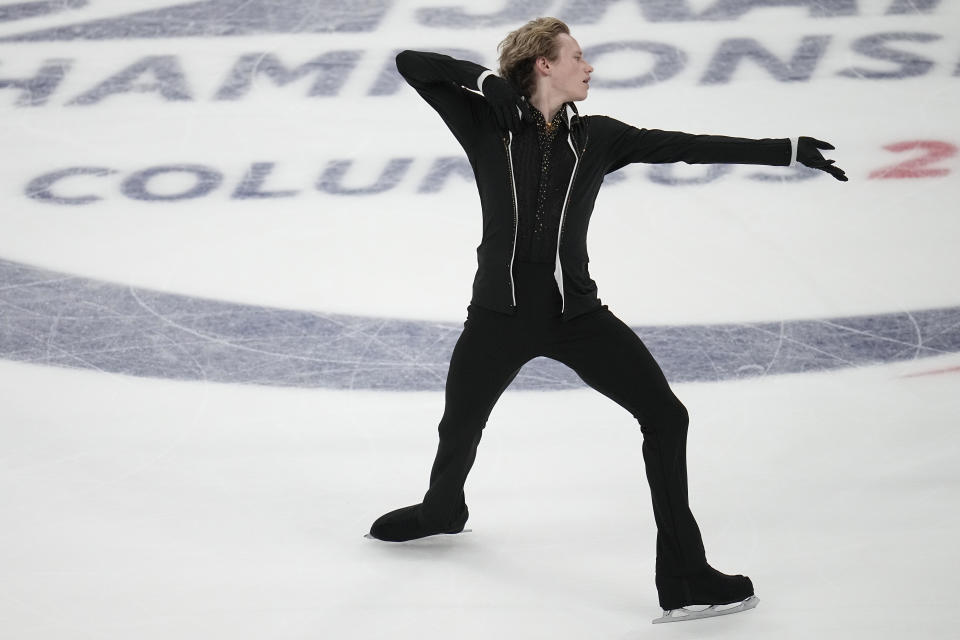 Ilia Malinin competes in the men's free skate at the U.S. figure skating championships Sunday, Jan. 28, 2024, in Columbus, Ohio. (AP Photo/Sue Ogrocki)