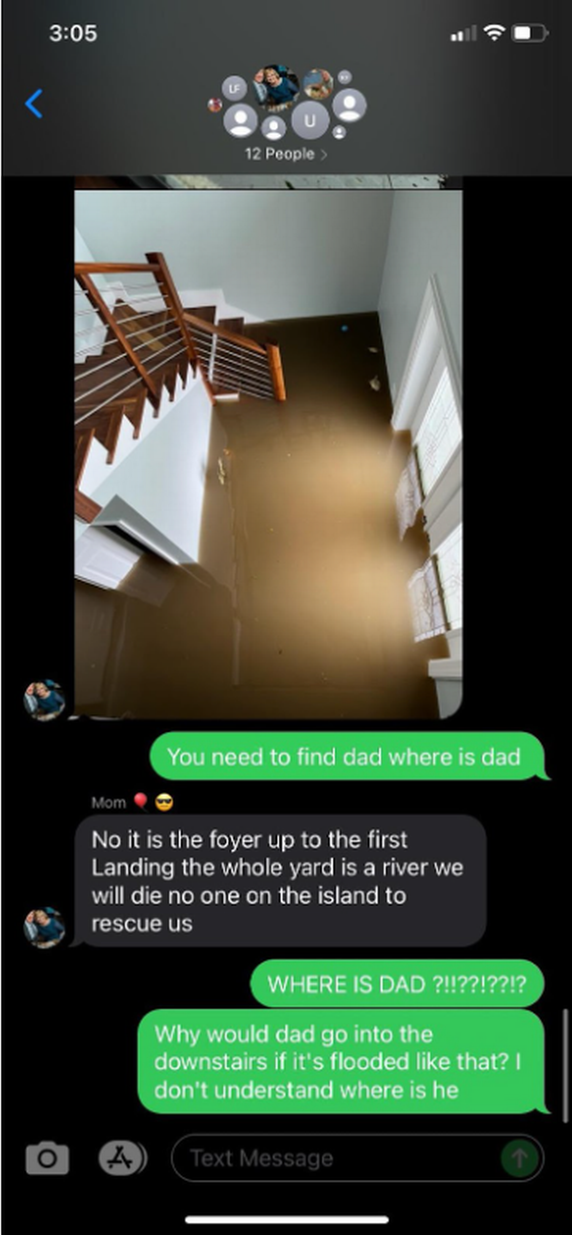 Text conversations among Jennifer Sawyer and her family as she tried to communicate with her parents, who were stuck on Sanibel Island after Hurricane Ian churned through.